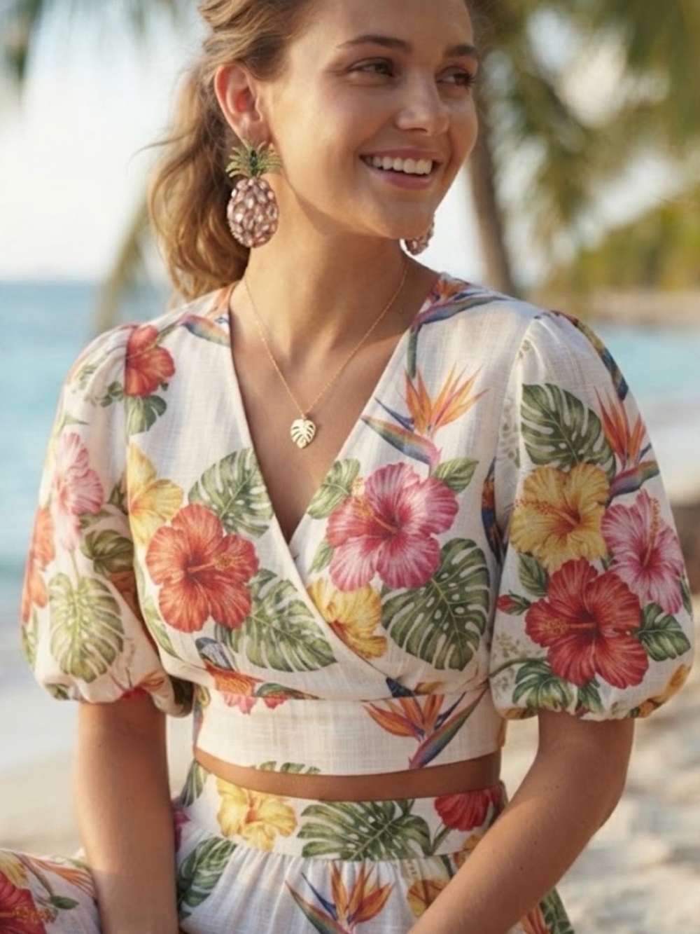 Floral Wrap Crop Top - White Multi